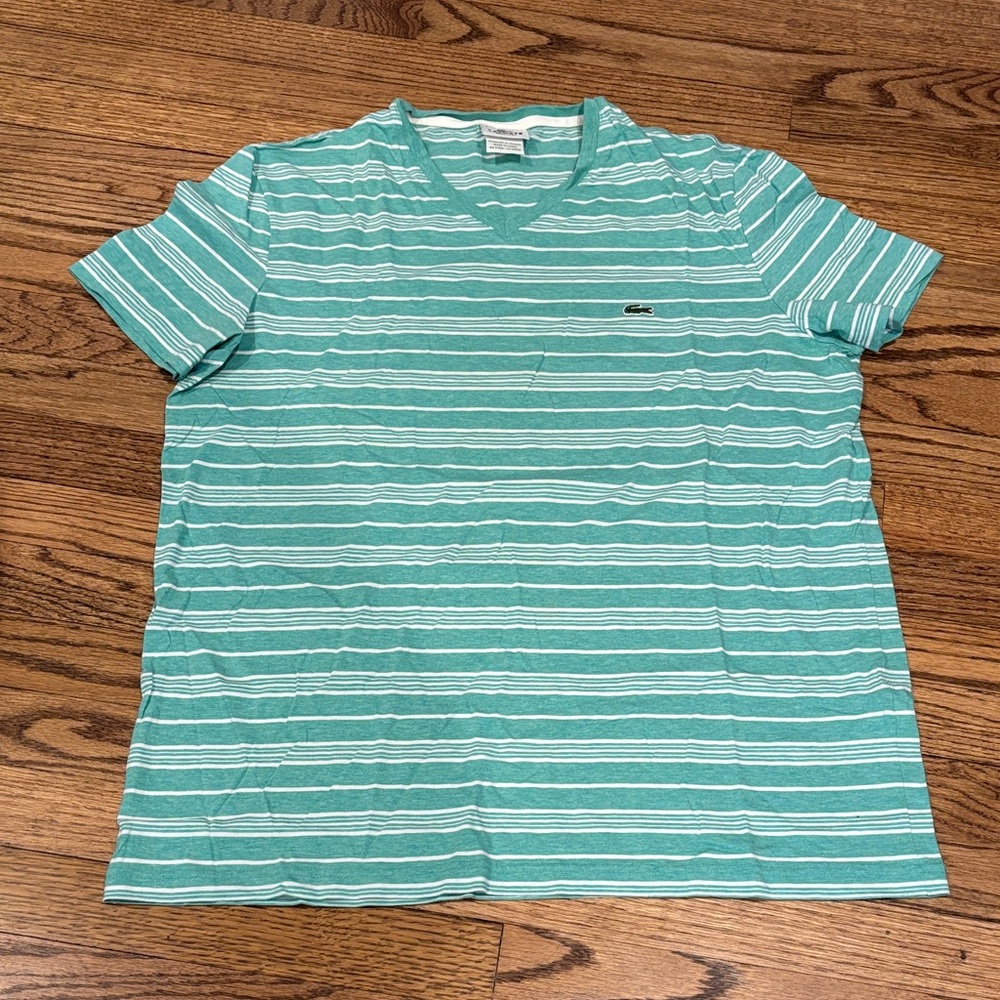 Lacoste Teal and White Striped V-Neck Shirt size 7/XXL